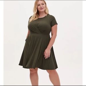 Olive Twisted Front Ribbed Skater Dress